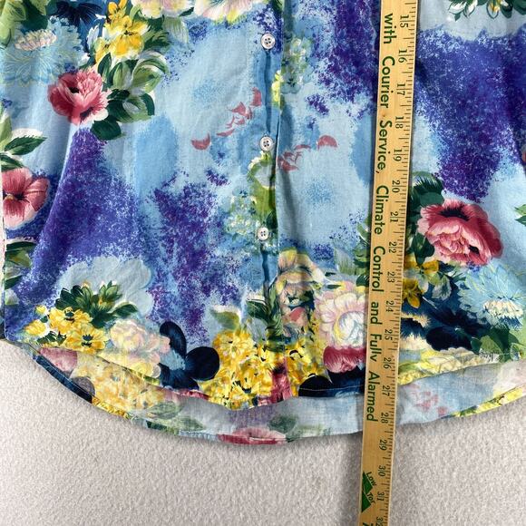 TAKEAWAY Top Womens L Floral Print Sleeveless Shirt Blouse Cotton Blue Vintage - Picture 9 of 10